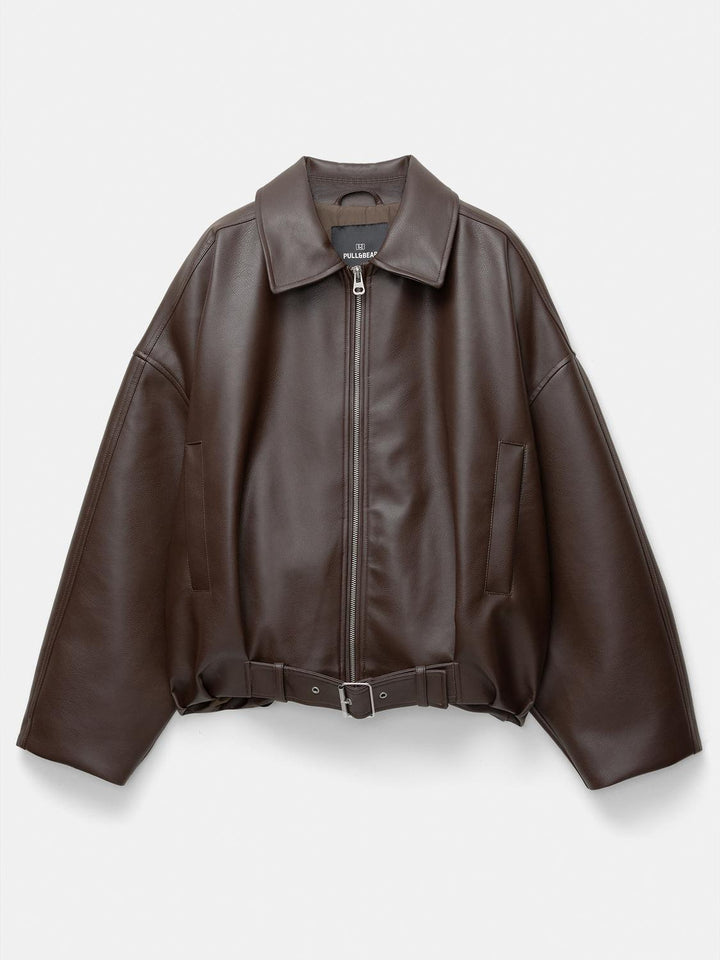Damen Modische Kunstlederjacke mit auffälligem Kragen und Taillengürtel