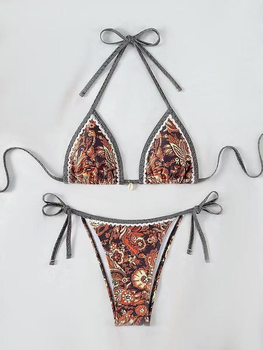 Damen Triangel-Bikini mit floralem Muster und verstellbaren Bindebändern Echo Archiv