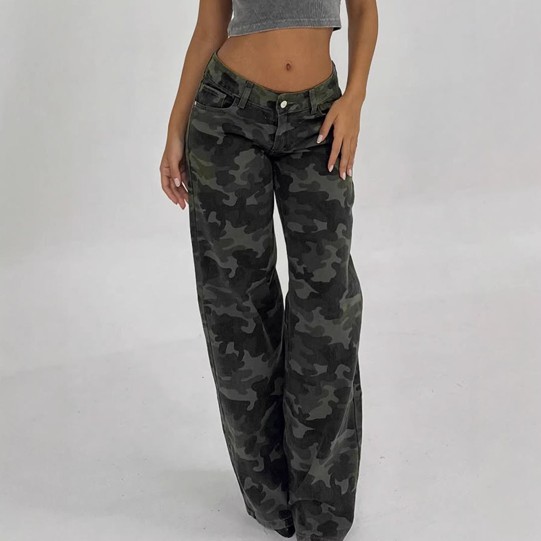Damen Camouflage-Denim Schlaghose mit hoher Taille und weitem Bein – Avélisse