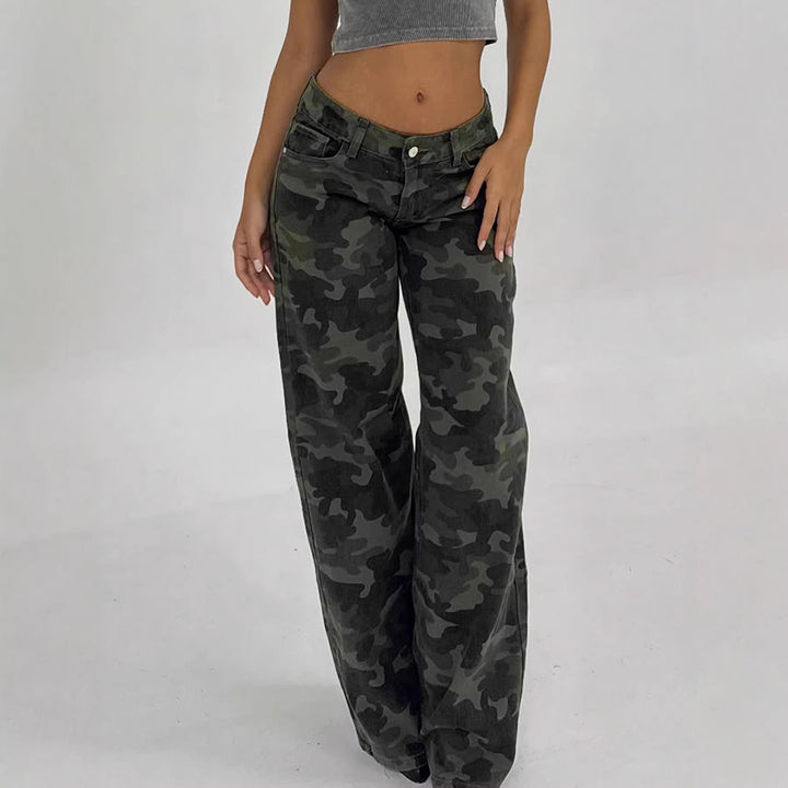 Damen Camouflage-Denim Schlaghose mit hoher Taille und weitem Bein – Avélisse