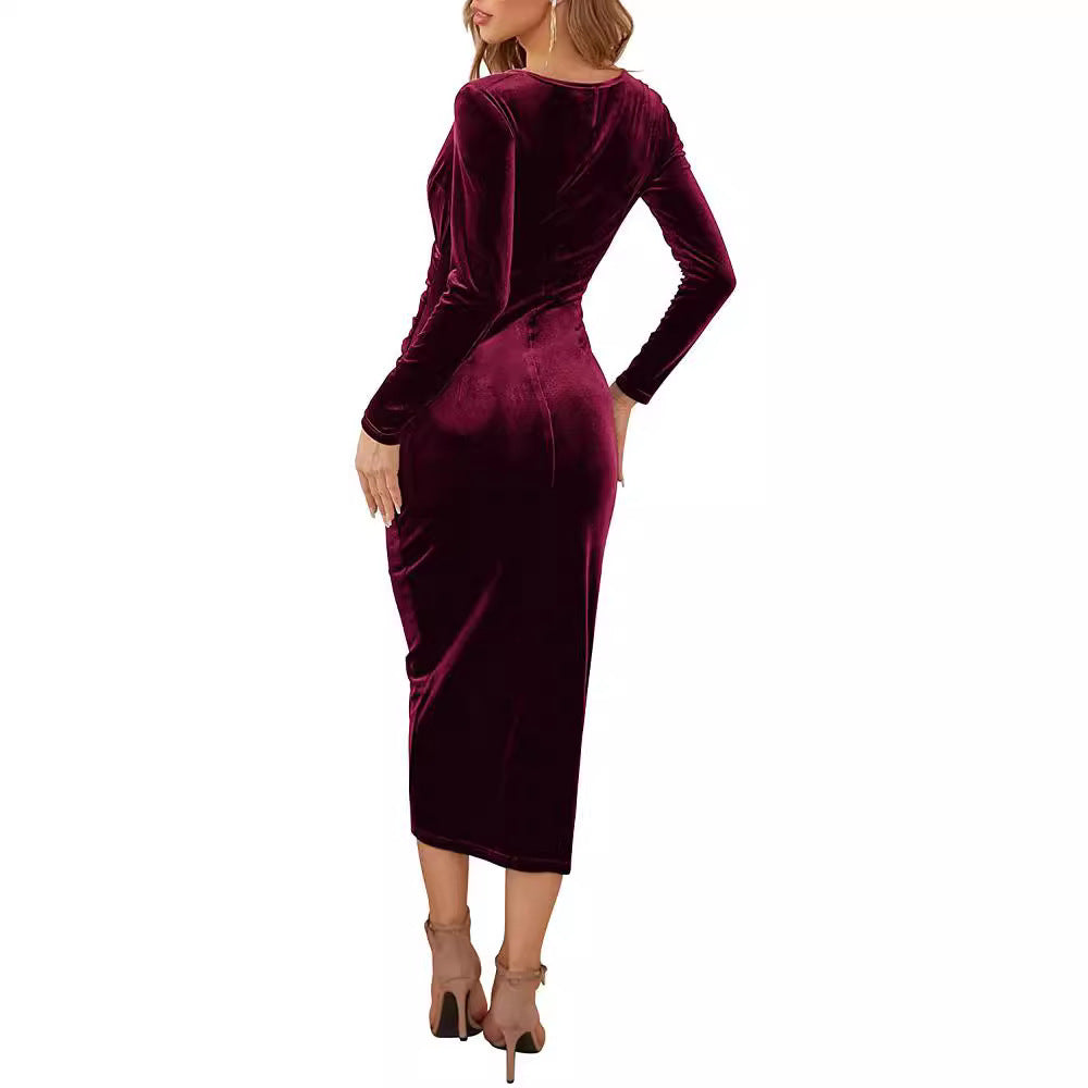 Damen Midikleid aus Samt mit Wickeloptik, Raffung und asymmetrischem Tulpen-Saum – Élara