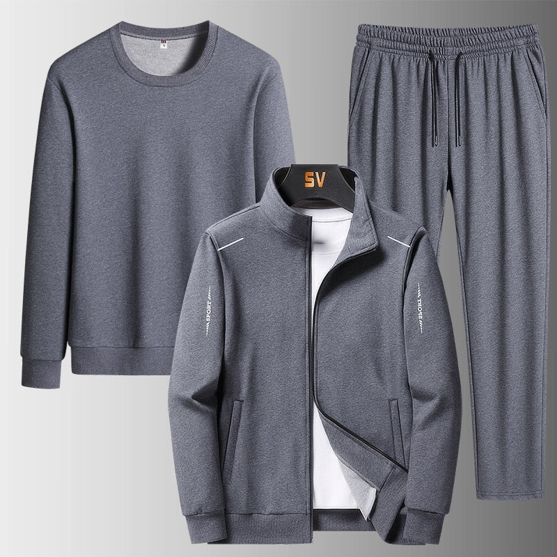 Herren Dreiteiliges Freizeit-Trainingsset aus French-Terry mit Kapuzenjacke, Rundhals-Sweat & tapered Jogginghose Echoarchiv