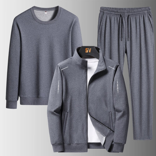 Herren Dreiteiliges Freizeit-Trainingsset aus French-Terry mit Kapuzenjacke, Rundhals-Sweat & tapered Jogginghose Echoarchiv