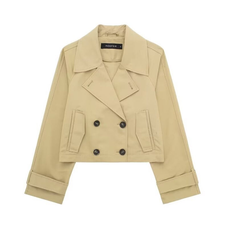 Damen kurze zweireihige Cropped Trenchjacke mit breitem Revers und verstellbaren Ärmelschnallen – Célinea
