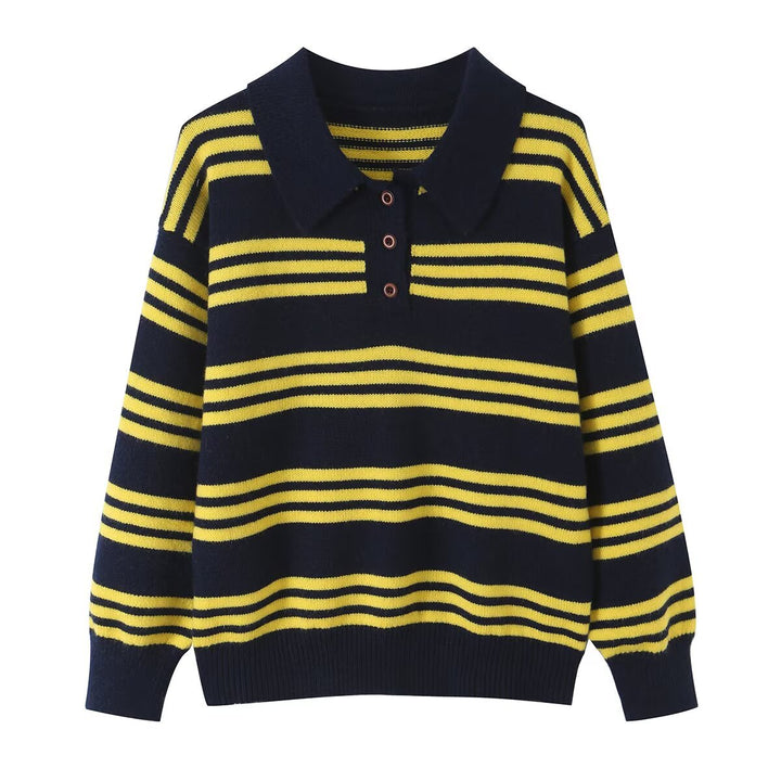 Damen Gestreifter Strickpolopullover mit kurzer Knopfleiste und Rippbündchen Echoarchiv