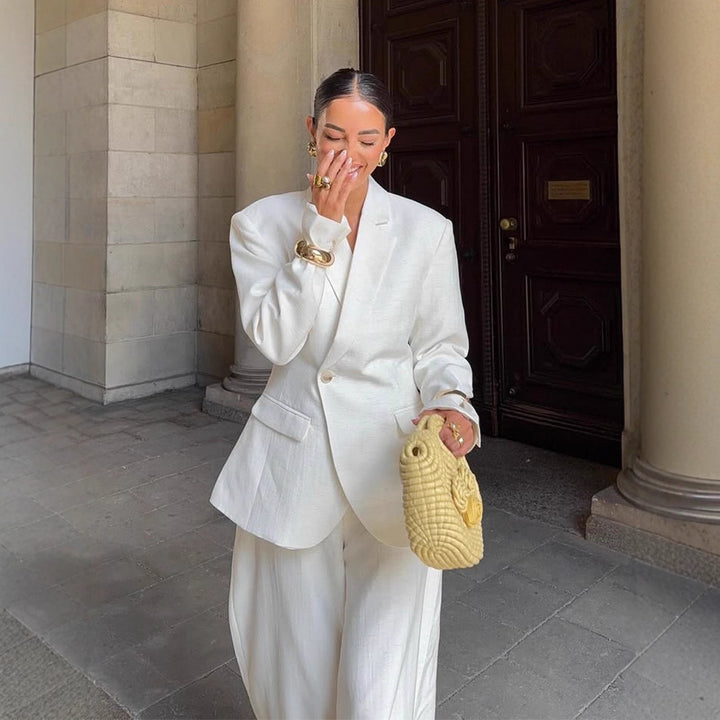 Damen Oversize-Leinenblazer mit strukturierter Schulter und tailliertem Saum Echoarchiv