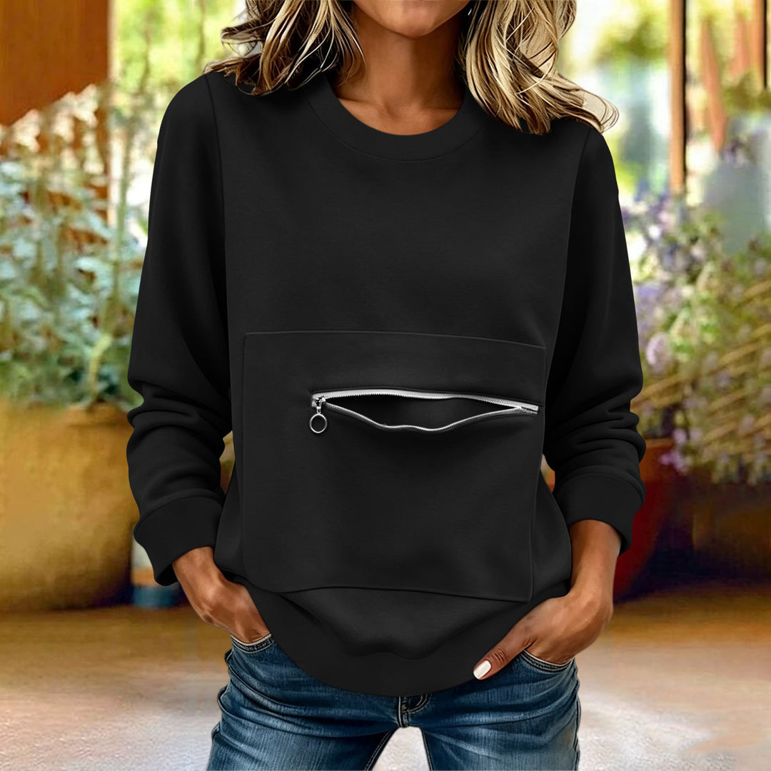 Damen locker geschnittenes Sweatshirt mit Frontreißverschlusstasche und Rundhalsausschnitt – Avérine