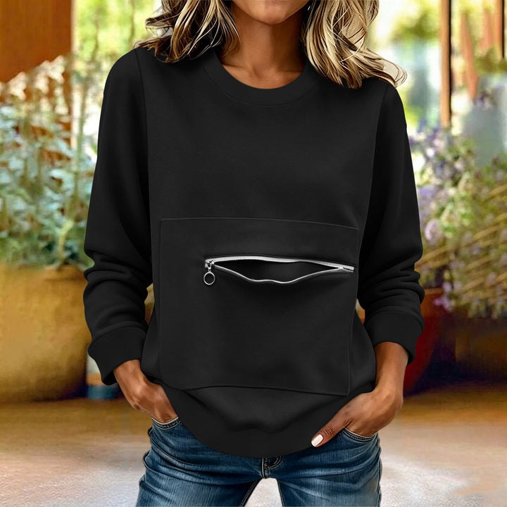 Damen locker geschnittenes Sweatshirt mit Frontreißverschlusstasche und Rundhalsausschnitt – Avérine