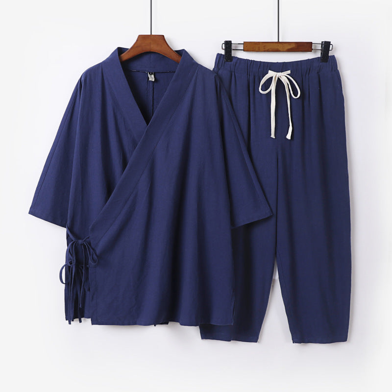 Herren Kimono-Loungewear-Set mit Wickeloberteil, Kordelbundhose und lockerer Passform Echoarchiv