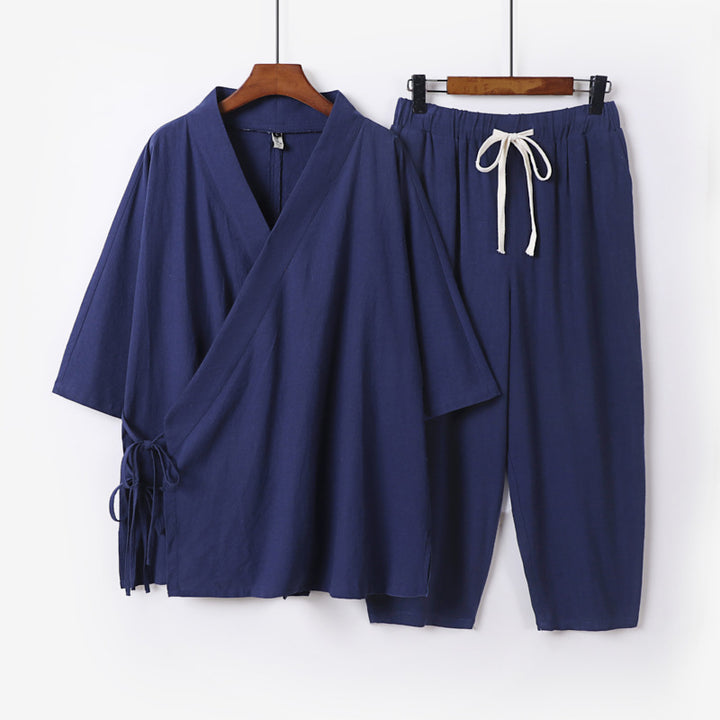 Herren Kimono-Loungewear-Set mit Wickeloberteil, Kordelbundhose und lockerer Passform Echoarchiv