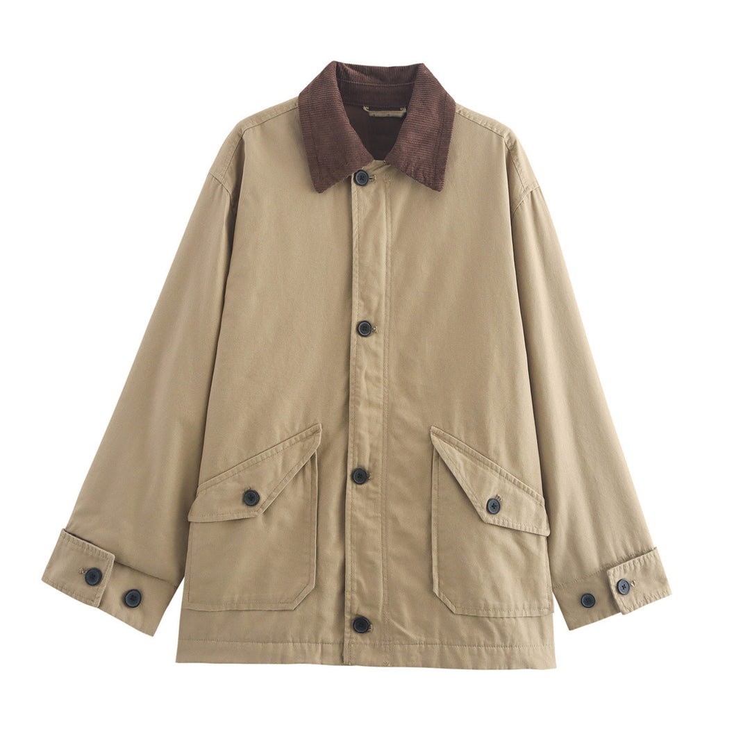 Damen kastige Utility-Overshirtjacke mit kontrast Cordkragen und aufgesetzten Pattentaschen – Célinea