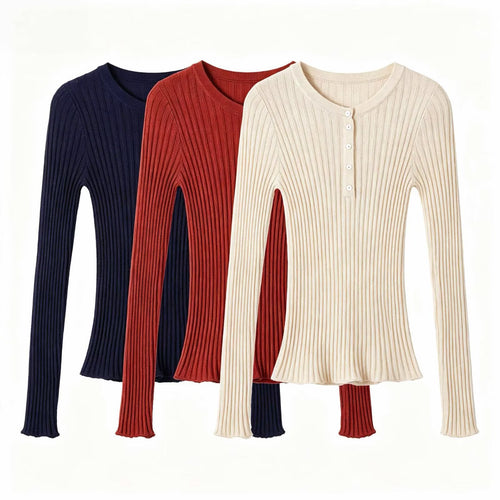Damen Feinstrick-Longsleeve mit Rippstruktur und Knopfleiste Echo Archiv