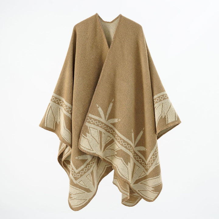 Damen Grobgewebter Umhangponcho aus Wollmix mit V-Ausschnitt und Ornamentjacquard – Veloura