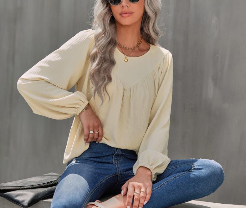 Damen Lässiges Viskose-Blusenshirt mit Rundhals und Ballonärmeln – Avérine