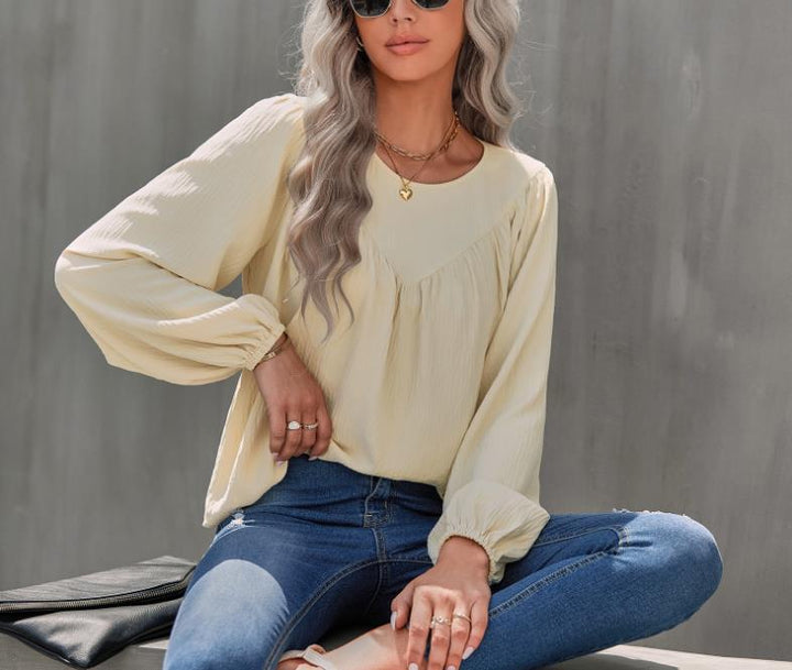 Damen Lässiges Viskose-Blusenshirt mit Rundhals und Ballonärmeln – Avérine