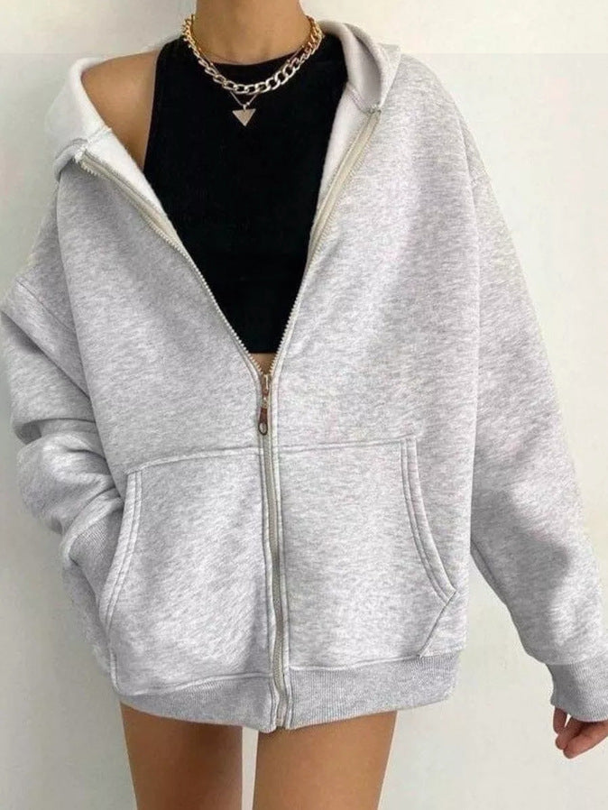 Damen nan minimalistisches French-Terry Zip-Hoodie mit durchgehendem Reißverschluss, Kängurutasche und Daumenloch-Ärmeln Echo Archiv