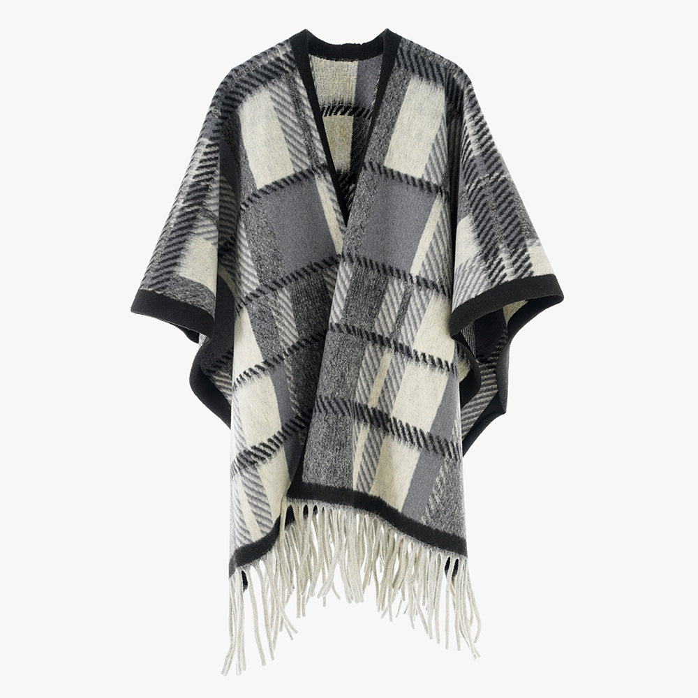 Damen Oversize-Wollmix-Poncho mit Karomuster und Fransensaum Echo Archiv