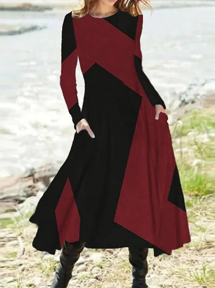 Damen nan geometrisches Maxikleid mit langen Ärmeln, A-Linien-Schnitt und seitlichen Eingrifftaschen Echo Archiv