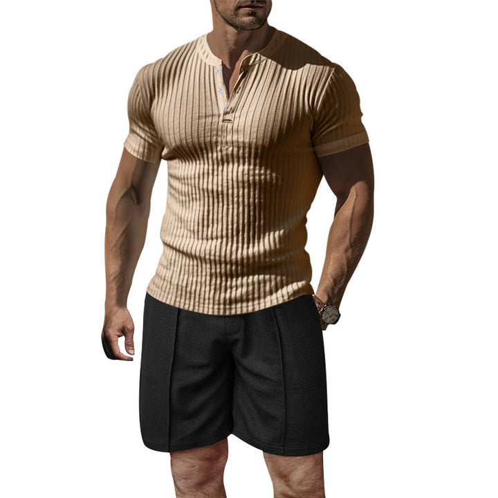 Herren modernes Kurzarm-Henley-T-Shirt mit geripptem Design Echoarchiv