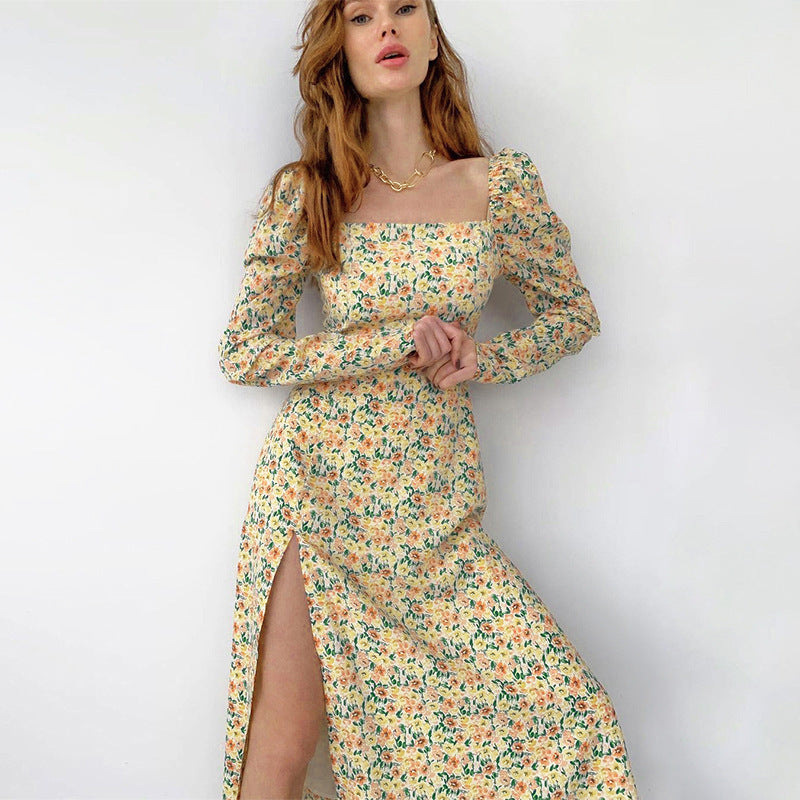 Damen Midikleid mit quadratischem Ausschnitt, tailliertem Bustier-Oberteil, Puffschulter und hohem Beinschlitz – Élara