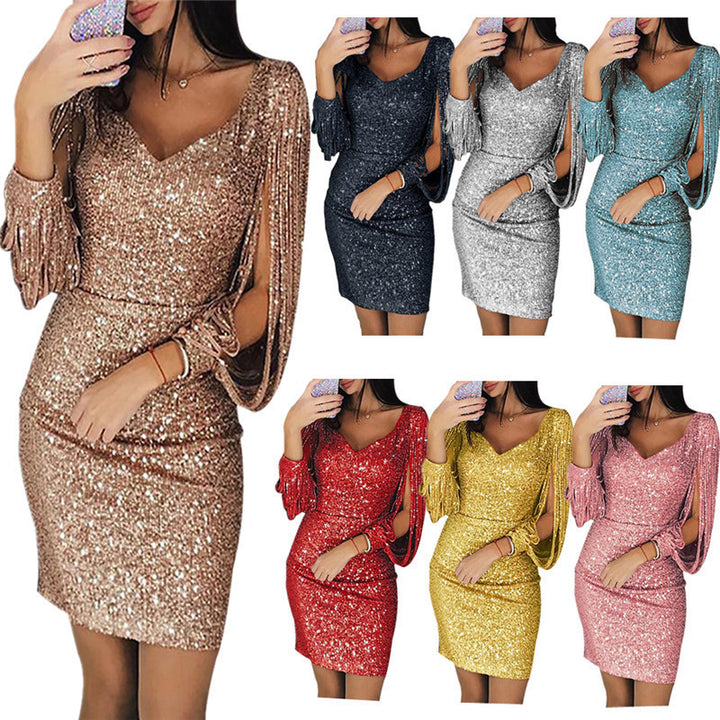 Damen Glitzerndes Cocktailkleid mit tiefem V-Ausschnitt und schwingenden Ärmeln Echo Archiv