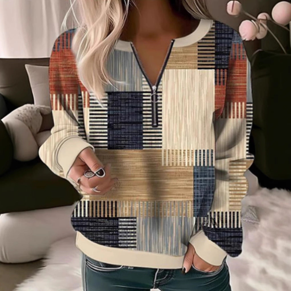 Damen nan gemütlicher Pullover mit kurzem Reißverschluss, grafischem Patchworkmuster, verlängerten Ärmelbündchen und geripptem Saum Echo Archiv