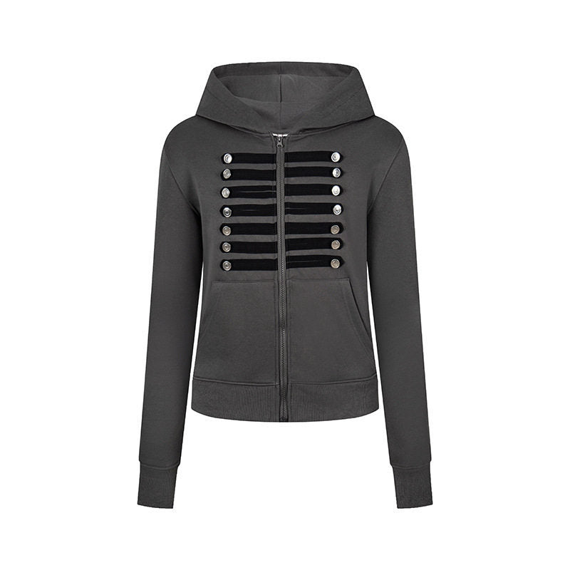 Damen Kapuzen-Sweatjacke mit dekorativer Militär‑Bortenleiste und Zierknöpfen Echoarchiv