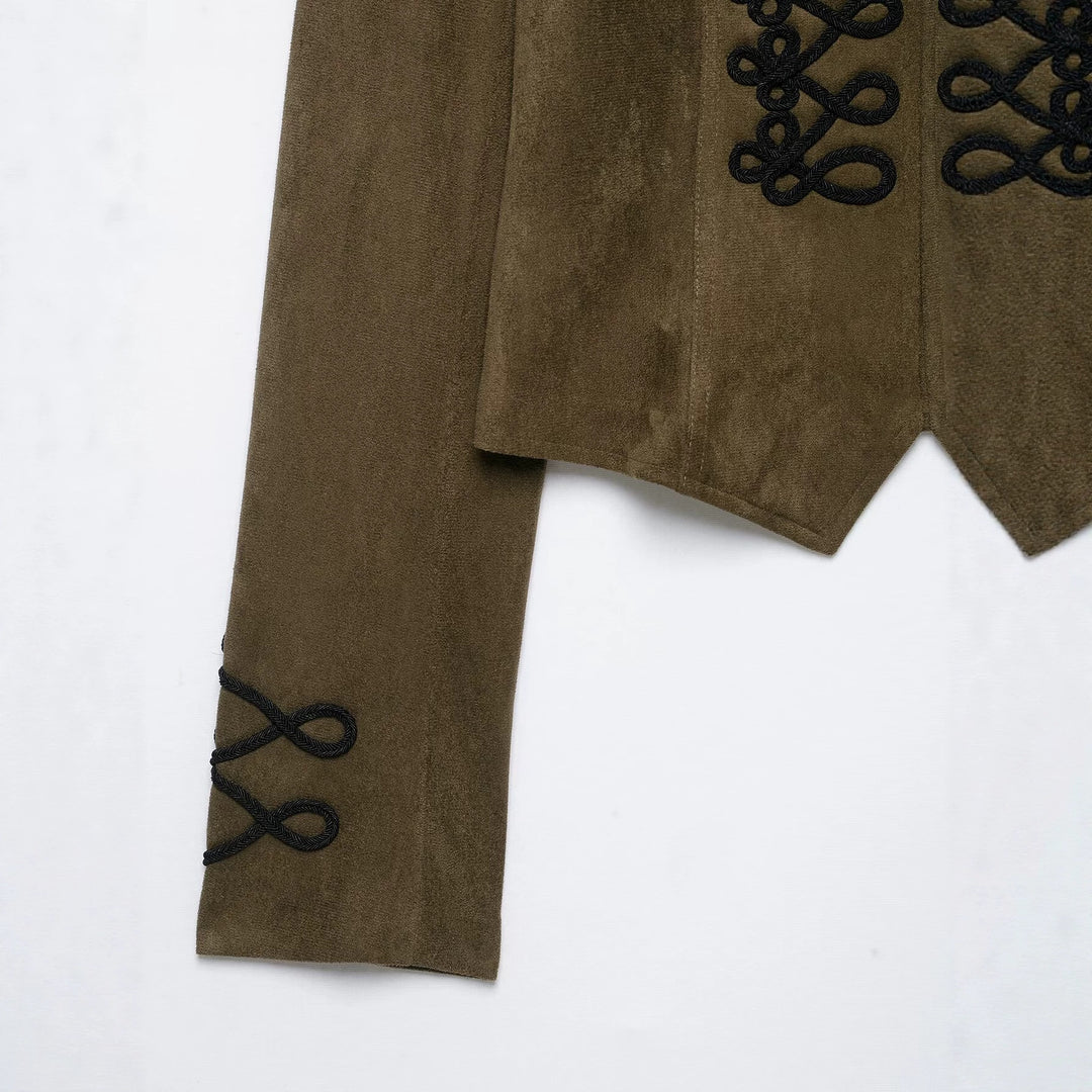 Damen Taillierter Cropped‑Veloursleder‑Blouson mit militärischer Kordelapplikation und Stehkragen Echo Archiv