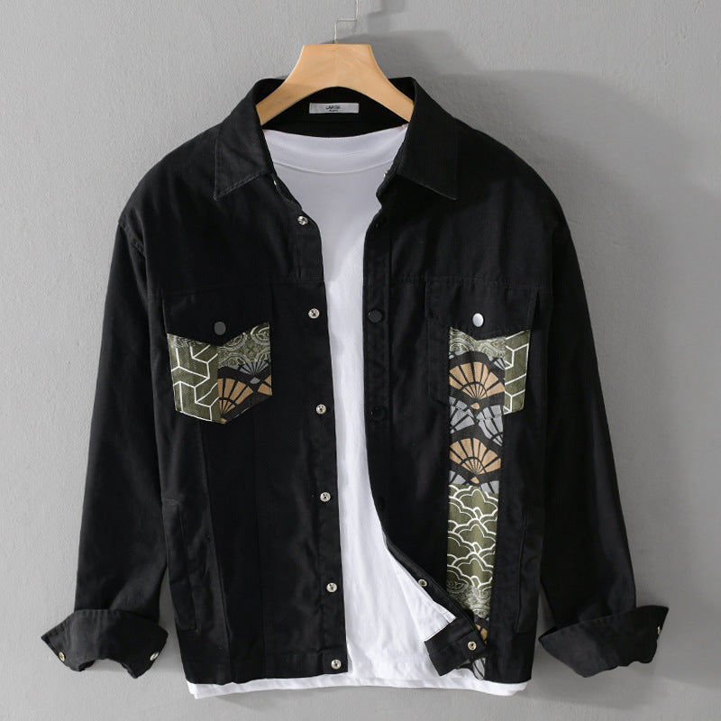 Herren Leichtes Canvas-Overshirt im Worker‑Stil mit japanischem Musterpatch und Druckknopfleiste Echoarchiv