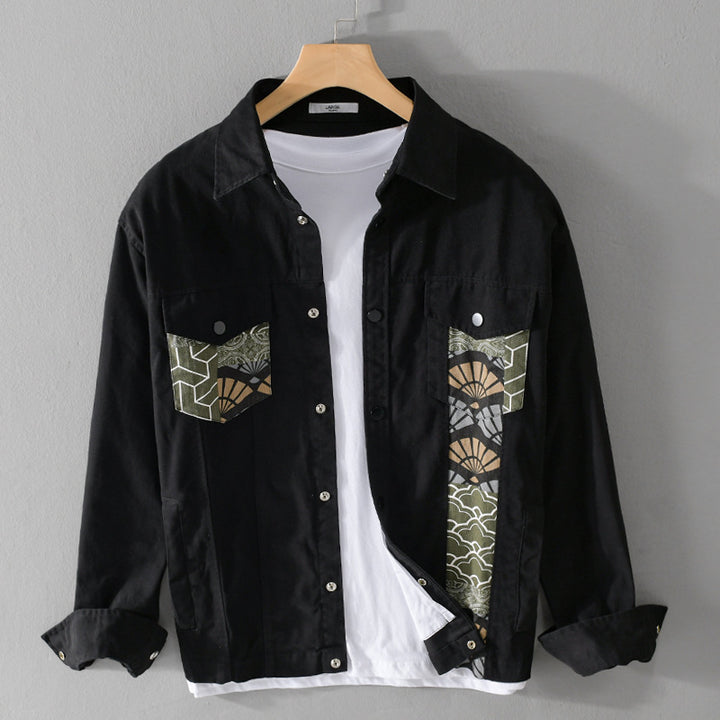 Herren Leichtes Canvas-Overshirt im Worker‑Stil mit japanischem Musterpatch und Druckknopfleiste Echoarchiv