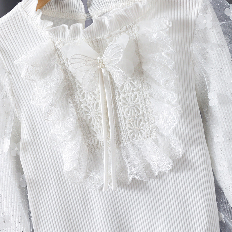 Mädchen Rüschenbluse mit floralen Applikationen und transparenten Ärmeln Echo Archiv