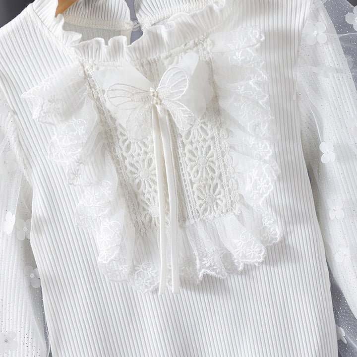 Mädchen Rüschenbluse mit floralen Applikationen und transparenten Ärmeln Echo Archiv