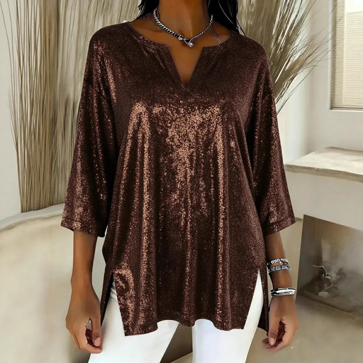 Damen Glitzerndes Oversize-Longshirt mit V-Ausschnitt und seitlichen Schlitzen Echoarchiv