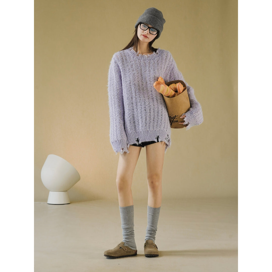 Damen Oversize-Strickpullover mit Ajourmuster, Flauschiger Mohair‑Look und Destroy-Detail Echoarchiv