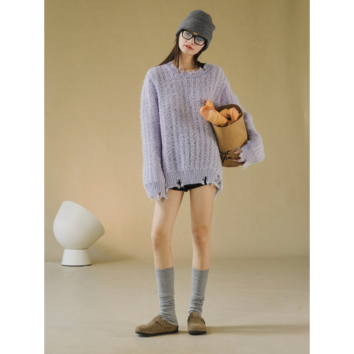 Damen Oversize-Strickpullover mit Ajourmuster, Flauschiger Mohair‑Look und Destroy-Detail Echoarchiv