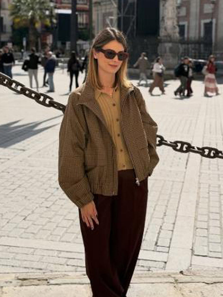 Damen Boxy-Kurzjacke im Glencheck mit elastischem Saum und Reißverschluss Echoarchiv