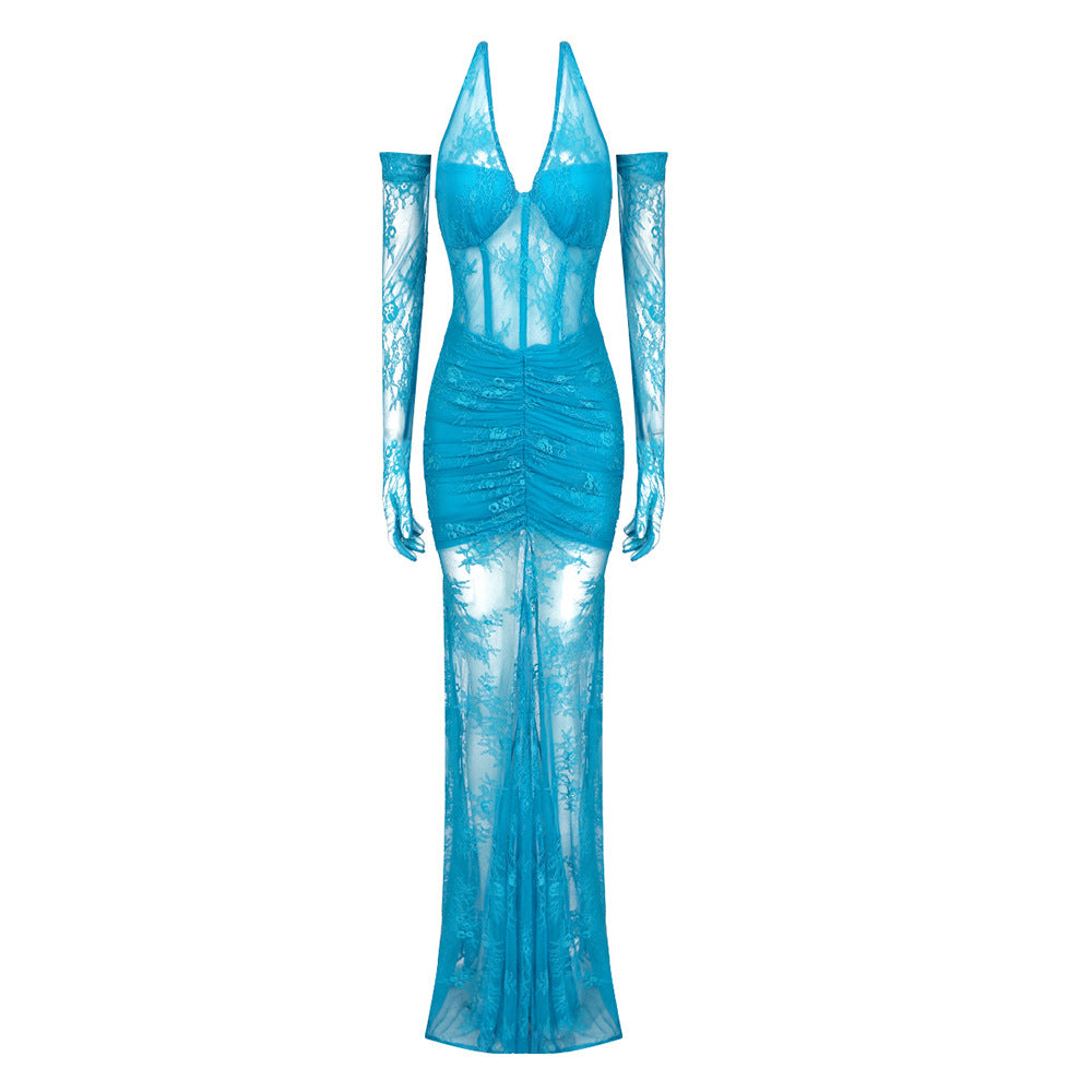 Damen elegantes Spitzenkleid mit langem Ärmel und raffinierten Falten Echo Archiv