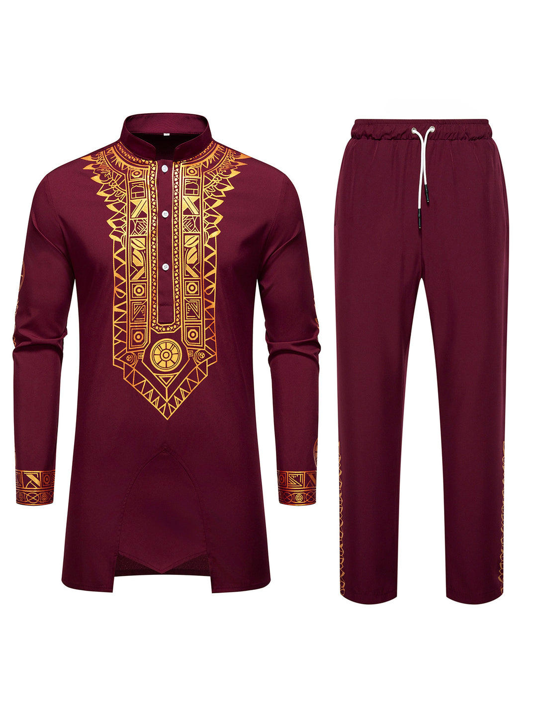 Herren Traditionelles Langarm-Kurta-Set mit Stehkragen, goldfarbenem Ornamentdruck und Tunnelzughose Echo Archiv