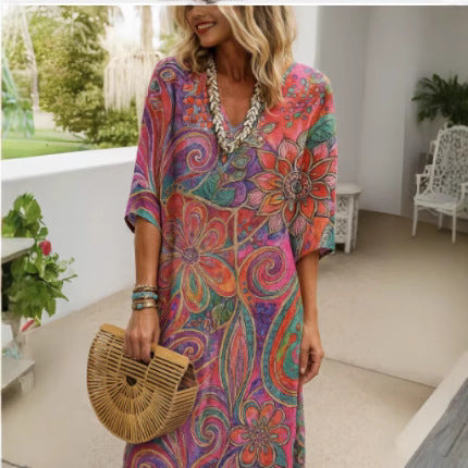 Damen nan leichtes Boho-Kaftankleid mit V-Ausschnitt, lockerer Silhouette und dreiviertelärmeln Echo Archiv