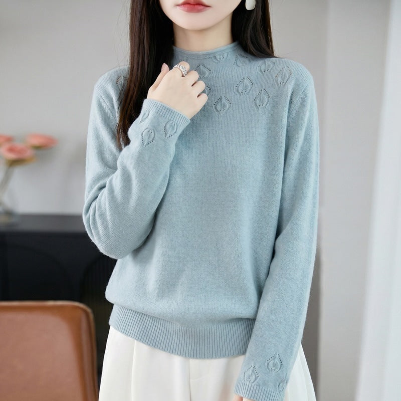 Damen Kurzrollkragenpullover aus Feinstrick mit Ajour‑Yoke und geripptem Saum Echoarchiv