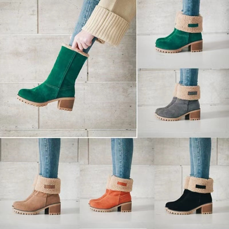 Damen Gefütterte Ankle-Boots mit Lammfell-Umschlag und profiliertem Blockabsatz Echoarchiv
