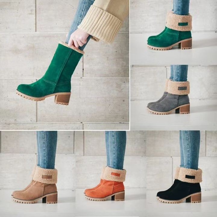 Damen Gefütterte Ankle-Boots mit Lammfell-Umschlag und profiliertem Blockabsatz Echoarchiv
