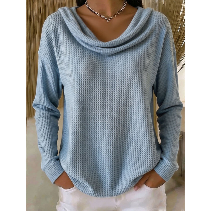 Damen Lässiger Waffelstrick-Pullover mit weitem Wasserfallkragen und gerundetem Saum Echoarchiv