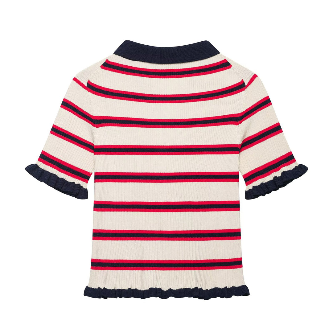 Damen Kurzärmelige Feinstrick-Cardigan mit Polokragen und Volantbündchen Echo Archiv