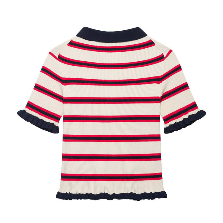 Damen Kurzärmelige Feinstrick-Cardigan mit Polokragen und Volantbündchen Echo Archiv