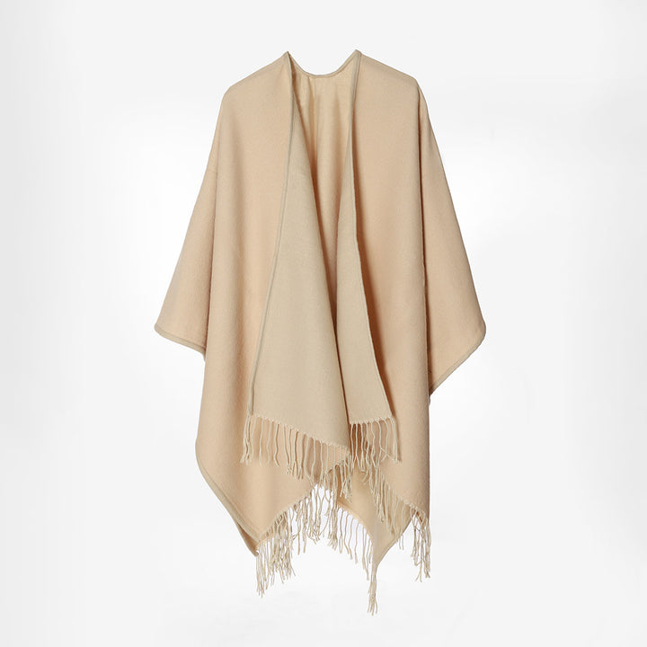 Damen Zweilagiger Oversize-Cape mit Fransen und offenem Wasserfall-Schnitt – Avérine