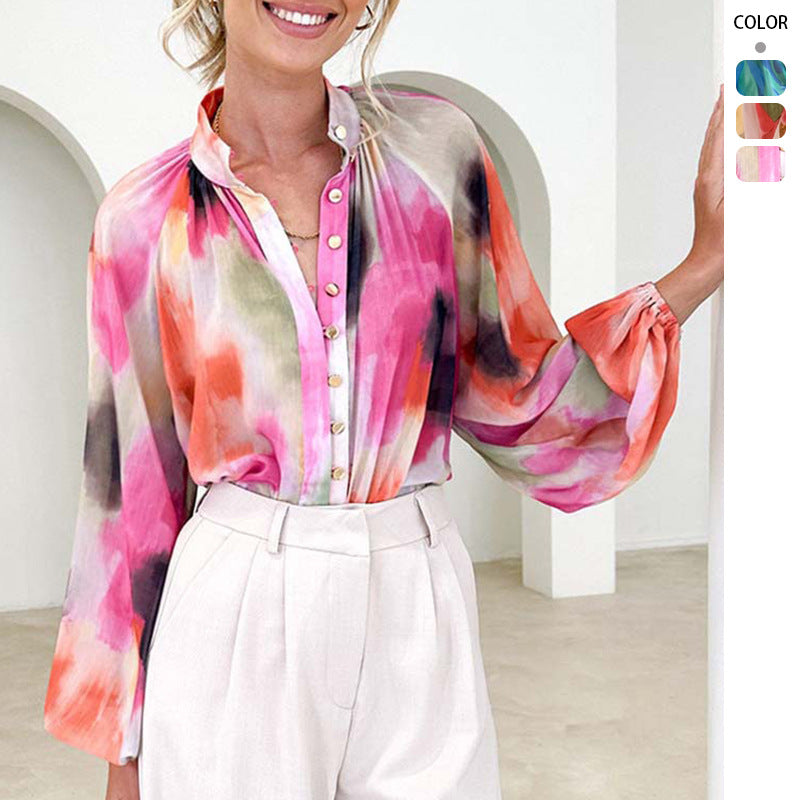 Damen nan Chiffon-Bluse mit Aquarell-Print, Stehkragen, verdeckter Knopfleiste und Ballonärmeln Echo Archiv
