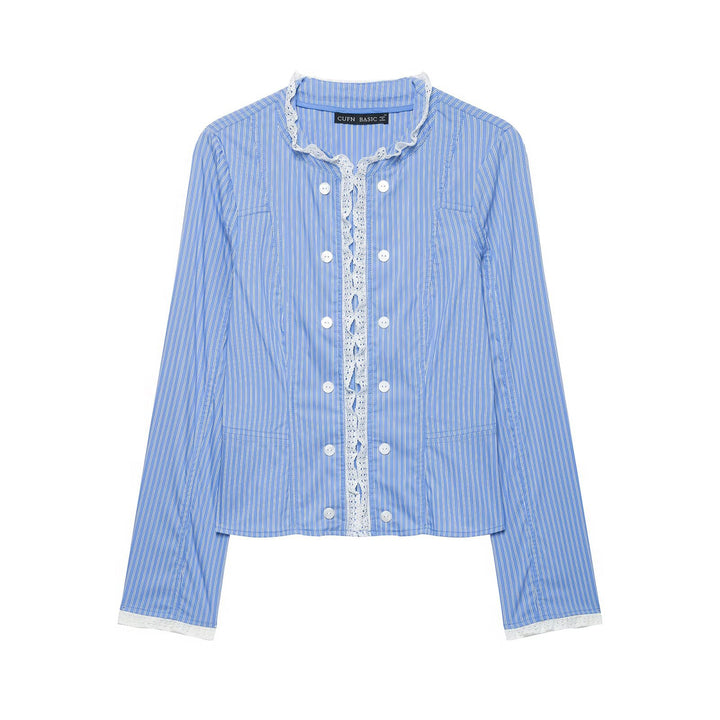 Damen Gestreifte Cropped Blusenjacke mit Spitzenbesatz und Stehkragen Echo Archiv