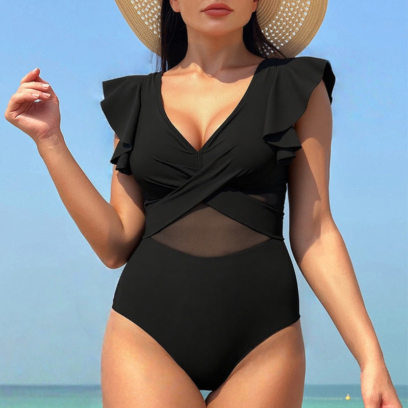 Damen Eleganter Einteiler Badeanzug mit asymmetrischem Rüschendesign Echo Archiv