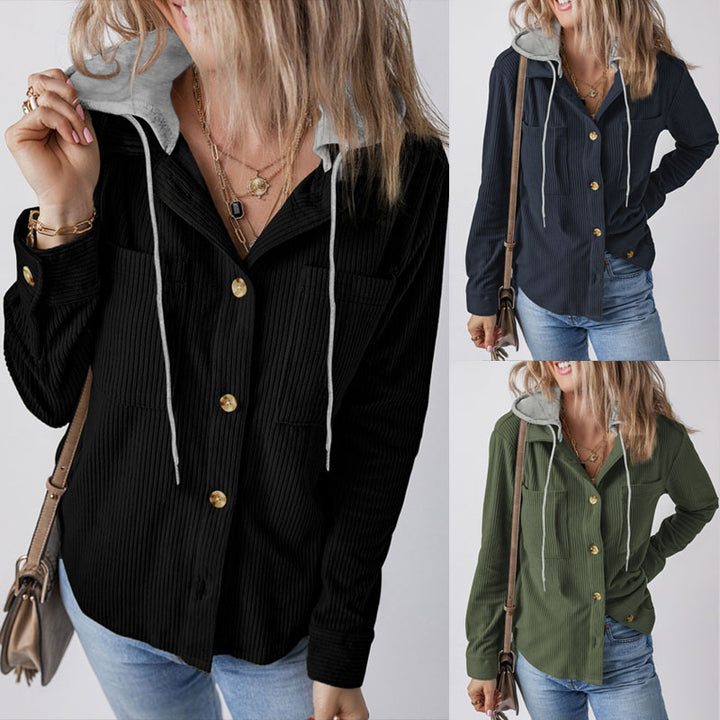 Damen Gerippte Hemdjacke mit Kapuze, Knopfleiste und aufgesetzten Taschen – Auréline